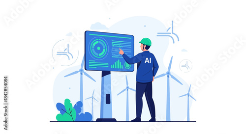 AI-Powered Wind Farm Management: Engineer Interacting with Smart Energy Monitoring System
