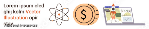 Education, science, finance, analytics, research, business planning. Atomic model, coin with dollar sign and rocket charts on laptop screen. Science and finance exploration concept