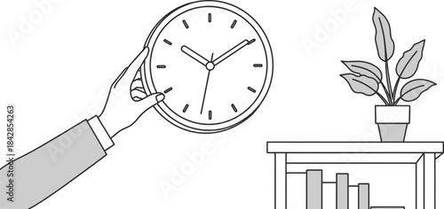 Hand adjusting wall clock above bookshelf with potted plant illustrating time management and home decor concepts isolated on white background