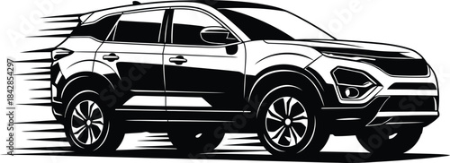 Modern sport utility vehicle or crossover car vector illustration in detailed black and white graphic style showing speed and fast motion effect.