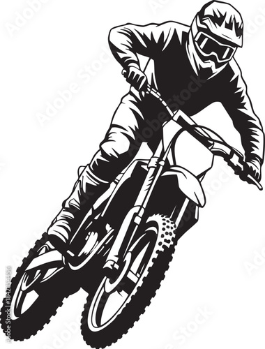Dynamic black and white vector illustration of a motocross rider leaning into a sharp turn on a dirt bike against a