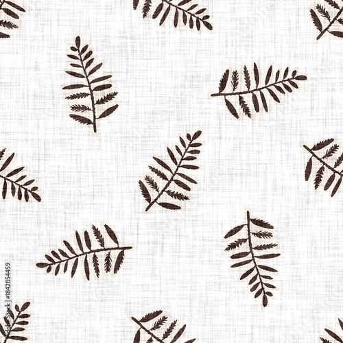 Seamless fern leaf raster pattern. For woodland nature home decor, linocut forest motif wallpaper. Whimsical leaf all over print. 