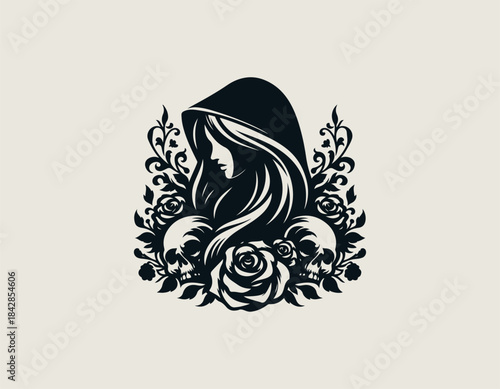 Melancholy hooded woman silhouette framed by macabre gothic skulls and beautiful blooming roses. Dark aesthetics concept