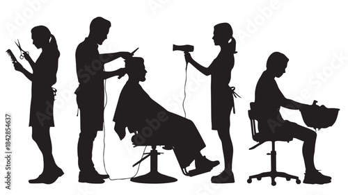 Hairdresser Silhouettes Styling Hair on Clients in Salon