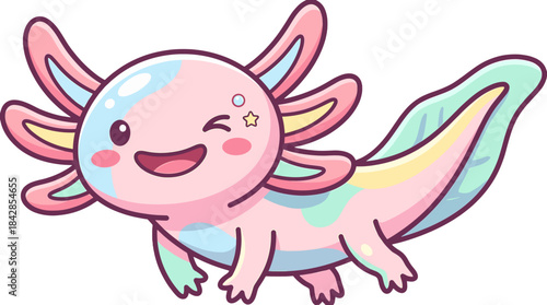 A colorful cartoon axolotl with pastel pink, blue, and yellow hues, smiling and winking, against a clean white background with a playful and whimsical mood.