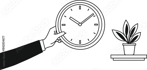 Hand holding a clock next to a potted plant represents time management productivity and the passage of moments isolated on white background