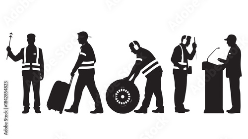 Airport Ground Staff Silhouettes Handling Luggage and Equipment Isolated on White