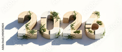 Eco-Inspired 2026 Wooden Numbers with Green Plants: Modern 3D wooden 