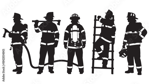 Firefighters in Action Silhouettes on White Background