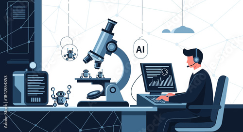 Artificial intelligence research in a technology lab illustrating innovative robots and data