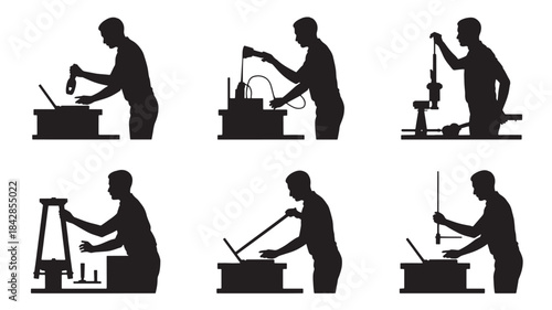 Black Silhouette Worker Operating Various Industrial Machines