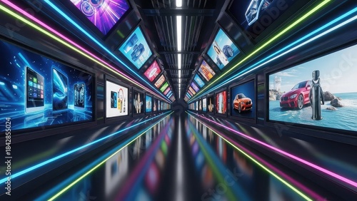 Long corridor with multiple screens displaying various car images and neon lights reflecting on shiny floor in dark room with futuristic ambiance and sleek interior design