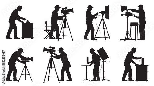 Film Crew Silhouettes Working on Movie Set with Camera Lighting