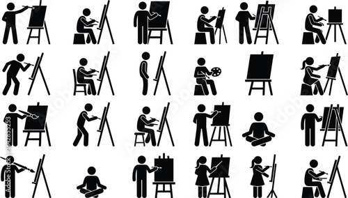 Set of Artist Silhouettes Painting on Easel and Canvas in Various Standing and Sitting Poses Vector Illustration.