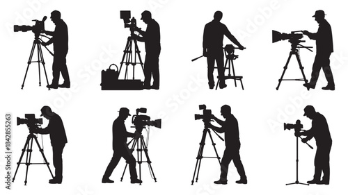 Photographer silhouettes with cameras and tripods for photography and filmmaking, black icons