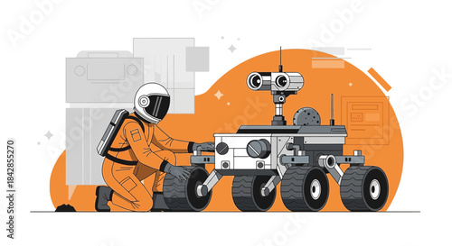 Astronaut maintaining a rover on a distant planet illustration with exploration theme and advanced