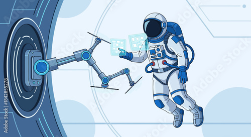 Astronaut collaborating with robotic arm using augmented reality in a futuristic space station