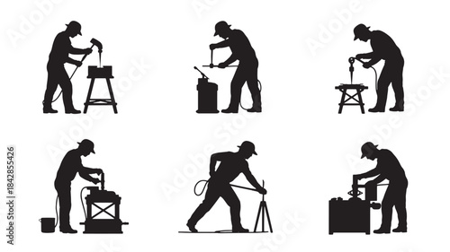 Worker Silhouettes Engaged in Various Tasks on Construction Site