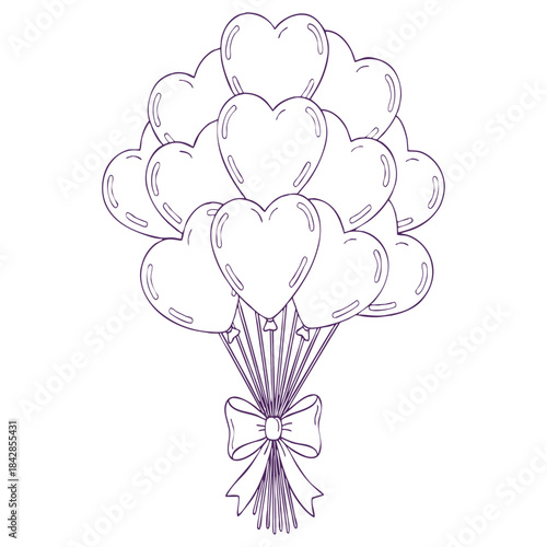 Outline drawing of a bouquet of heartshaped balloons tied with a bow