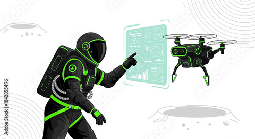 Astronaut operating a drone with a digital interface on a lunar surface mission for exploration