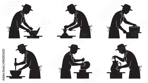 Blacksmith Working on Anvil, Silhouette of Man in Apron and Cap, Forging Metal in Workshop