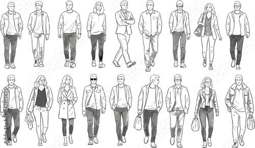 Walking, fashion, people, black and white, outfit, clothing, style, casual, formal, jacket, coat, blazer, sweater, accessories, sunglasses, handbag, posture, movement, sketch, flat vector illustration