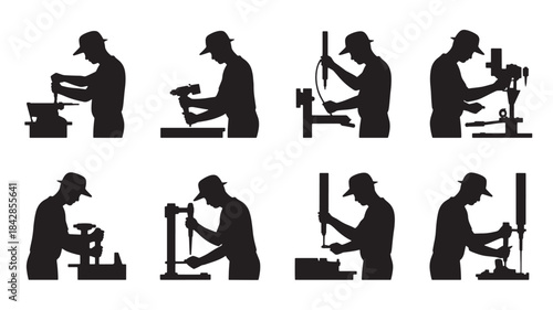 Black silhouette icons of workers using various industrial machines and tools