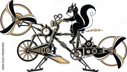 Whimsical skunk pilot riding a steampunk flying bicycle with propellers and gears fantasy art isolated on white background