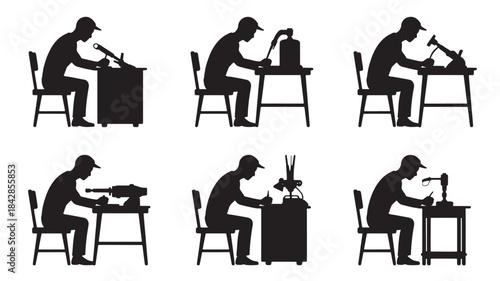 Silhouette icons of people working at desks in various positions, black vector illustrations