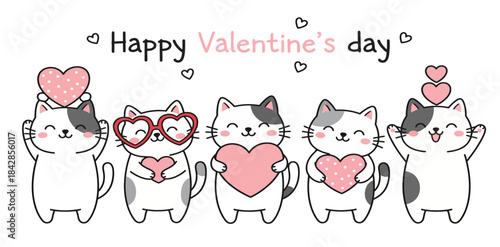 Cute cartoon cats celebrating valentine s day with hearts