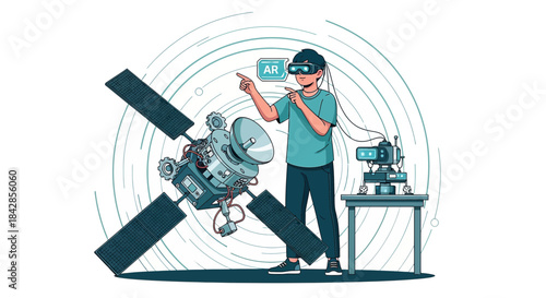 Augmented reality satellite engineering showcasing innovative virtual model development for