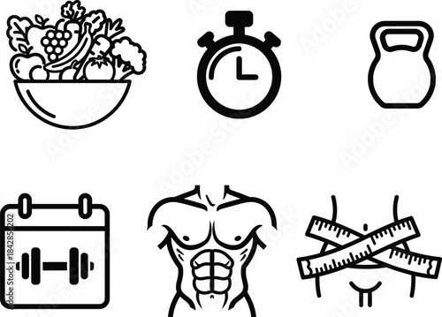 A comprehensive collection of healthy lifestyle icons featuring nutrition fitness equipment and body progress tracking