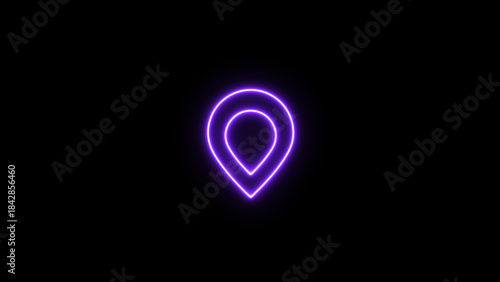 Purple neon location pin icon on black background map marker