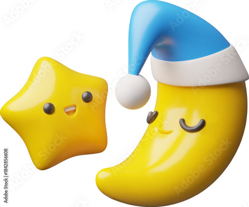 Cute crescent moon wearing blue night cap sleeping with star vector 3D plastic style, sweet dreams, nighttime symbol