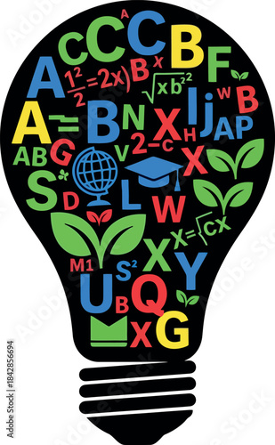 Education Idea Lightbulb Math Science Formula Letters Symbols.