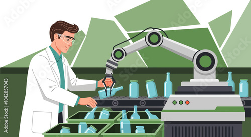 Automated glass production line with robotic arm and laboratory technician overseeing quality