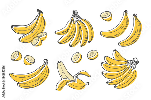Hand drawn banana fruit collection. Bananas, half peeled and slice banana, bunch of bananas.