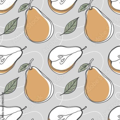 Seamless pattern of hand drawn pears with leaves on a gray background. Fruity print.