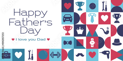 Fathers Day background with modern geometric icons. Greeting card, geometric pattern, poster, wallpaper, packaging.