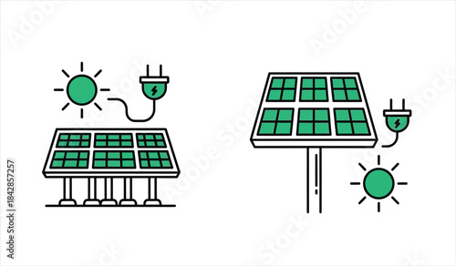 Solar panel energy generation icons with sun and plug