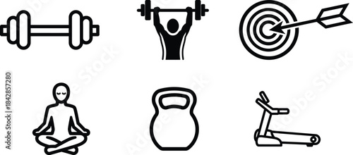 A comprehensive set of black outline fitness and wellbeing icons featuring gym equipment and meditative practices illustrating active healthy living