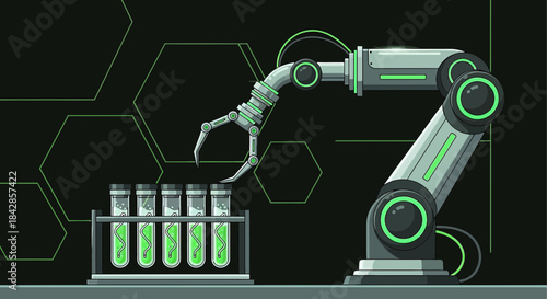 Automated Laboratory: Robotic arm interacting with laboratory test tubes filled with liquid