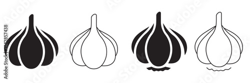 Minimal Garlic Clove Icon Set – Flat Line and Glyph Style Food Vector Illustration in Black on White