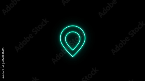 Teal neon location pin icon on black background map marker
