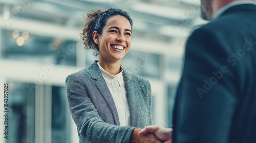 Business handshake: Capturing a pivotal moment of collaboration, a woman, her face radiant with a warm smile, extends a hand in a firm handshake to seal a deal in a professional environment.