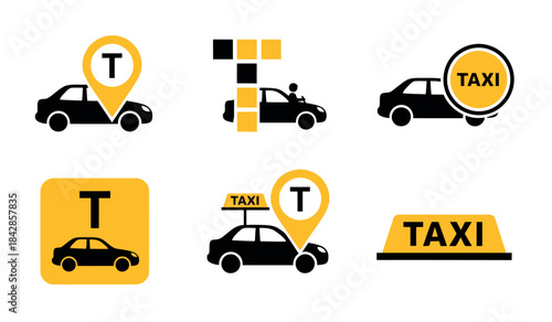 Taxi icon set car with location pin, signage, and map markers