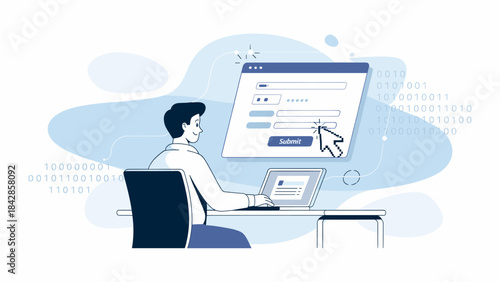 man at a laptop filling out an online registration form vector illustration, user login and digital data entry