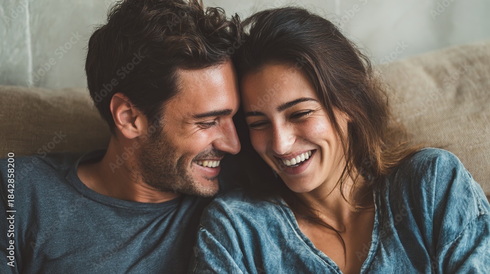 Obraz premium Inseparable Bond of Love: A radiant couple shares a moment of intimate connection, their faces alight with genuine laughter and affection. Capturing the essence of modern love and heartfelt closeness.