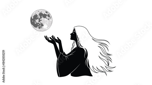 A silhouette of a woman with flowing hair reaching towards a full moon in the night