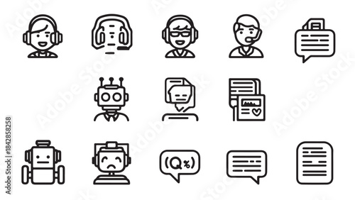Customer Service and Chatbot Vector Icons Set: AI Support, Communication, and Helpdesk Symbols
